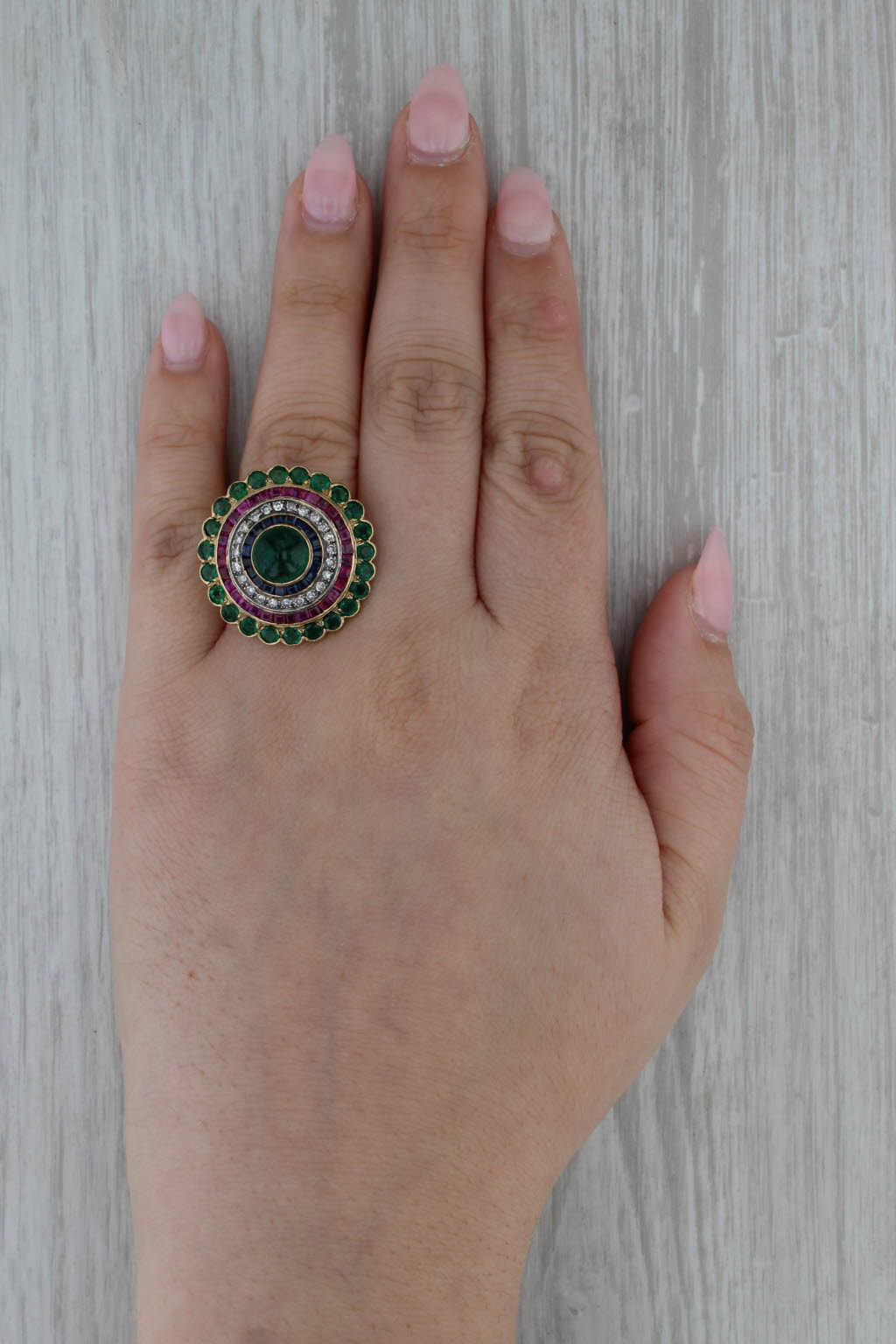 4.46ctw Gemstone Cocktail Ring 18k Gold Emerald Sapphire Ruby Diamond Size 5.75