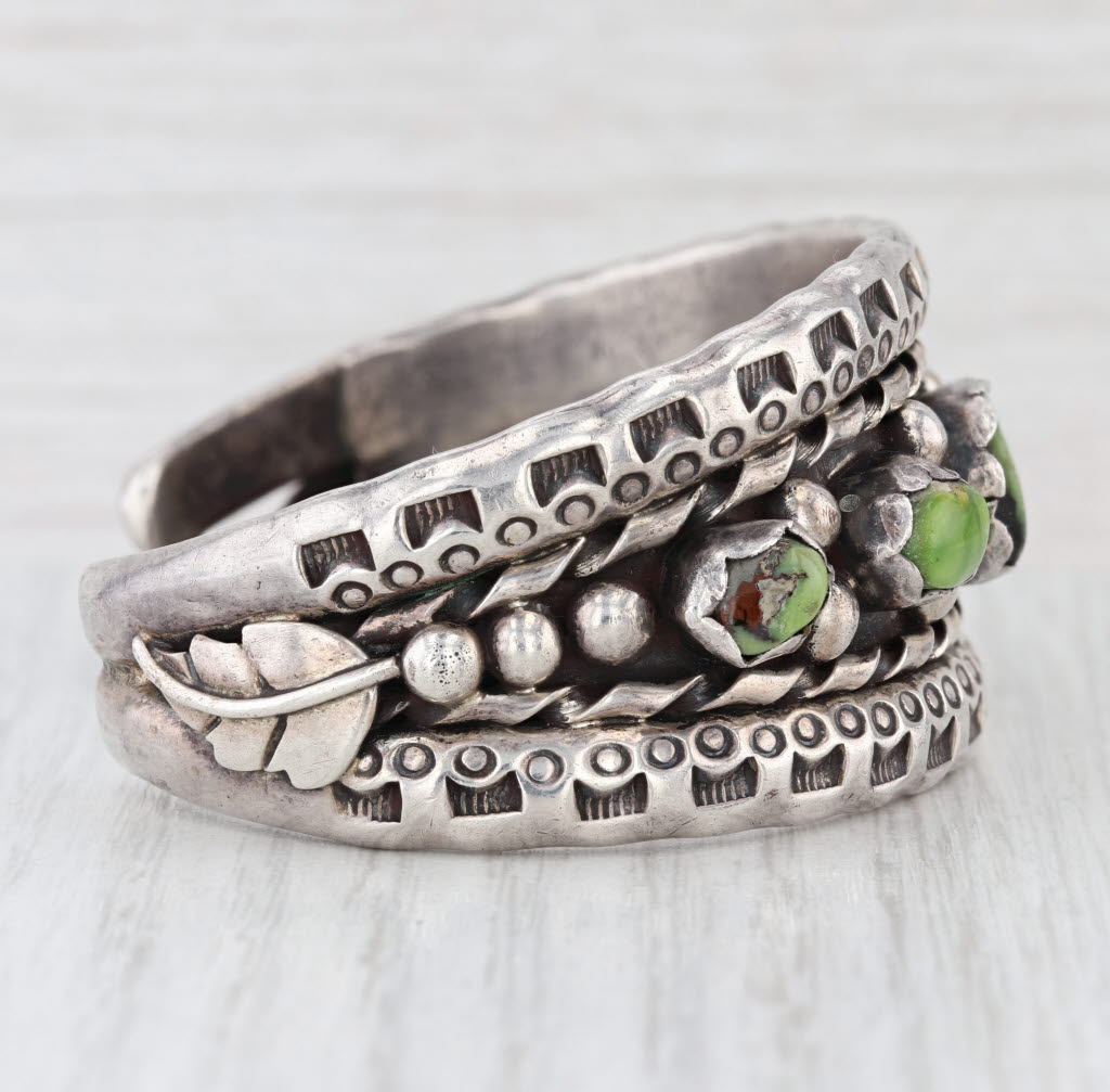 Native American Green Turquoise Cuff Bracelet Sterling Silver Vintage Artisan PJ