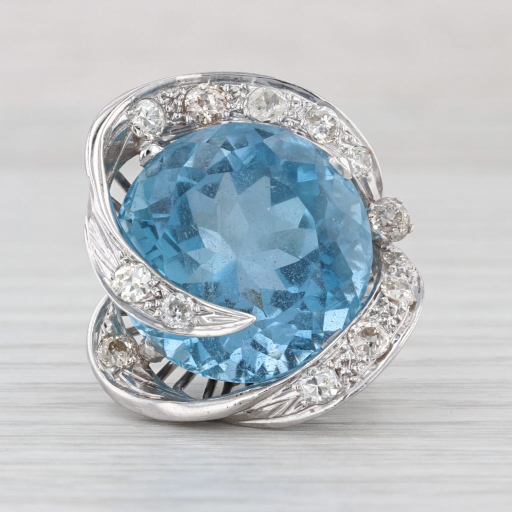 25.97ctw Aquamarine Diamond Swirl Cocktail Ring 10k-13.5 White Gold Size 8