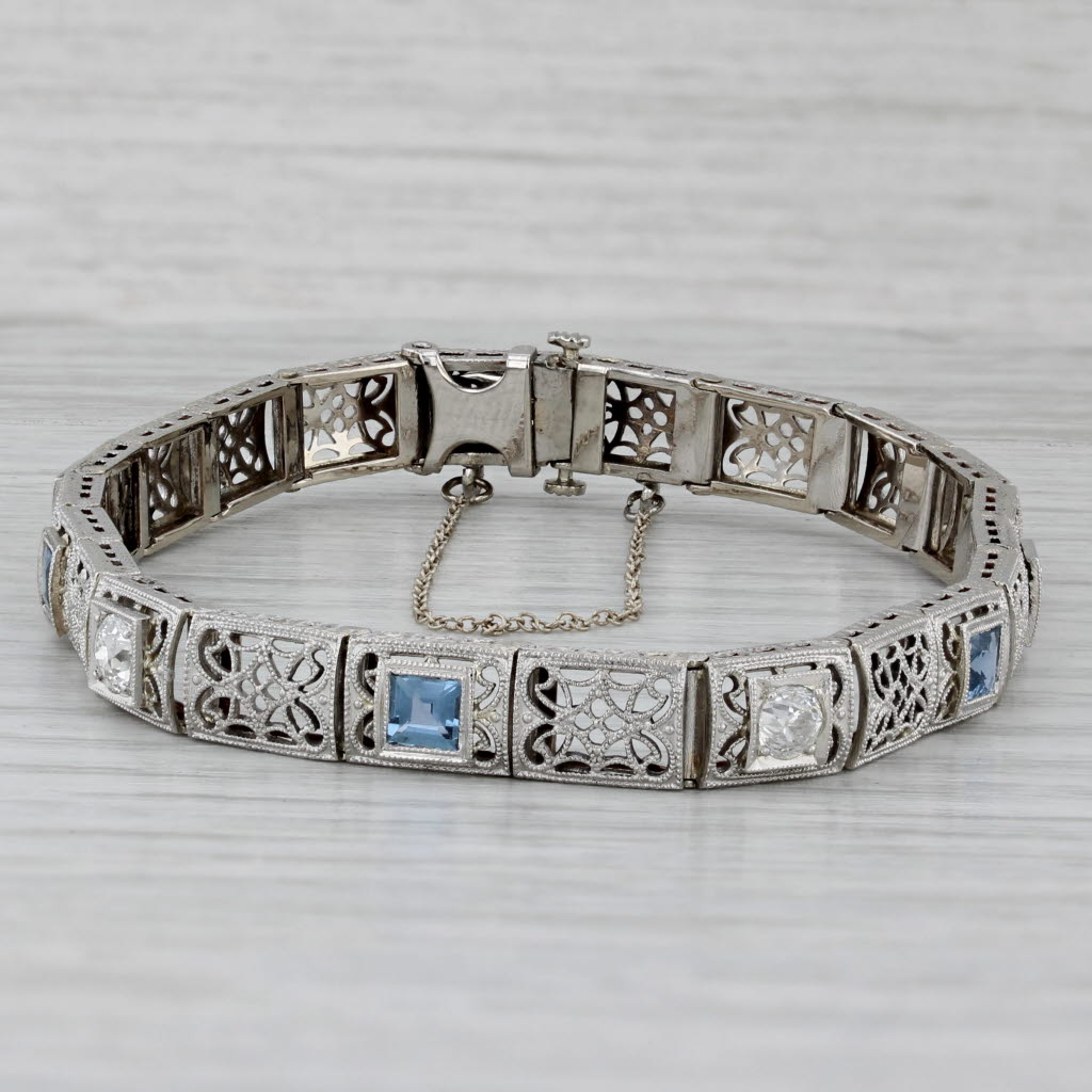 Art Deco Filigree Lab Created Sapphire Diamond Bracelet 14k Gold Plati