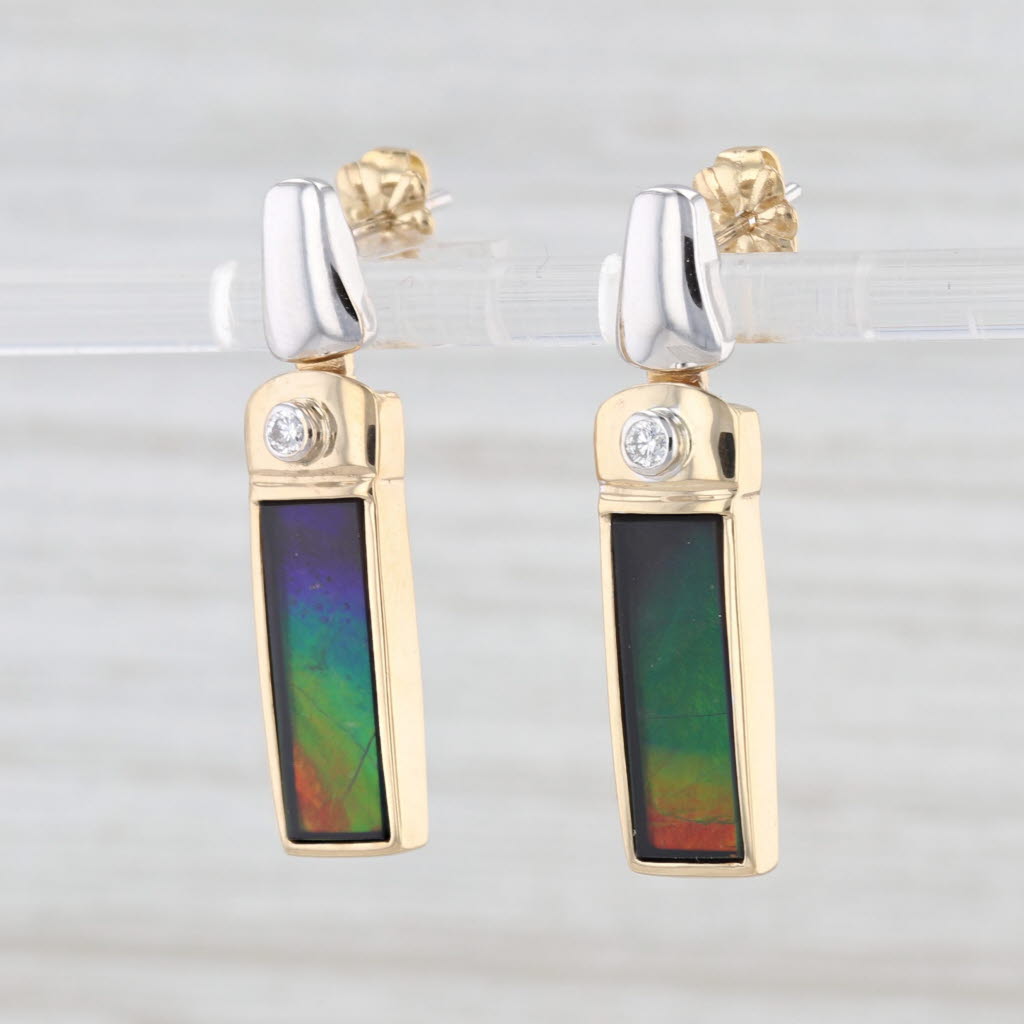 Light Gray Rainbow Ammolite Triplet Diamond Dangle Earrings 18k Yellow White Gold