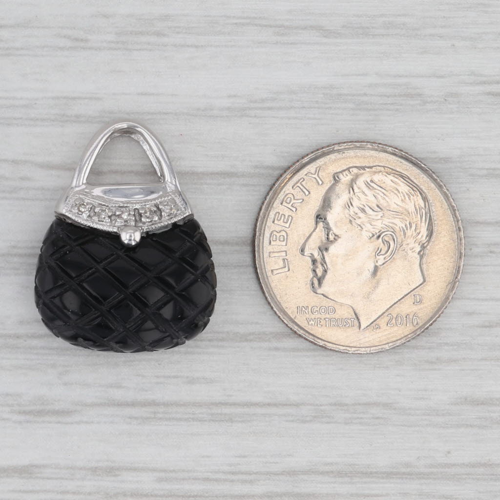 Faceted Onyx Diamond Pendant 10k White Gold Charm