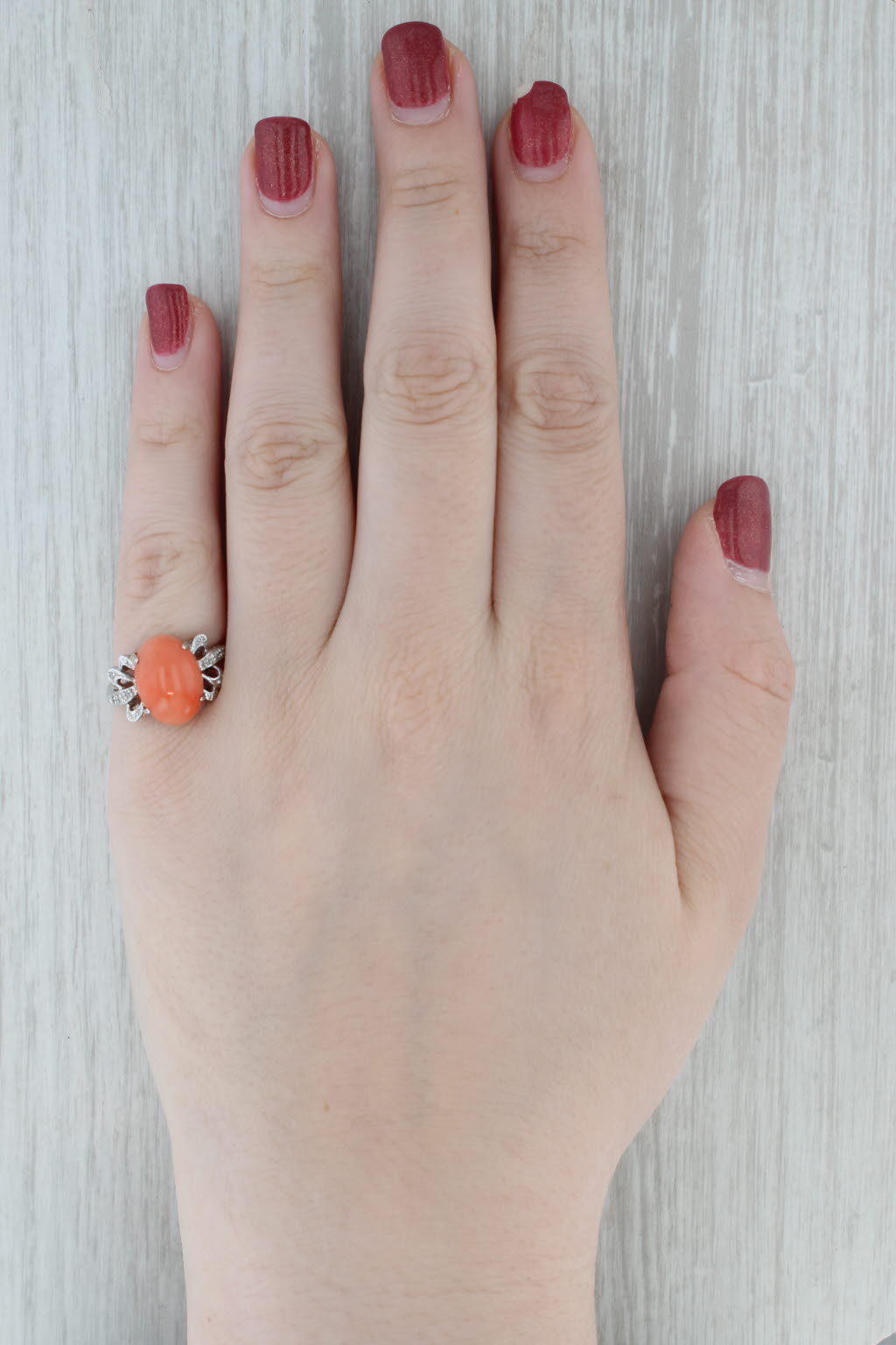 Gray Coral Oval Cabochon Diamond Ring 14k White Gold Size 7
