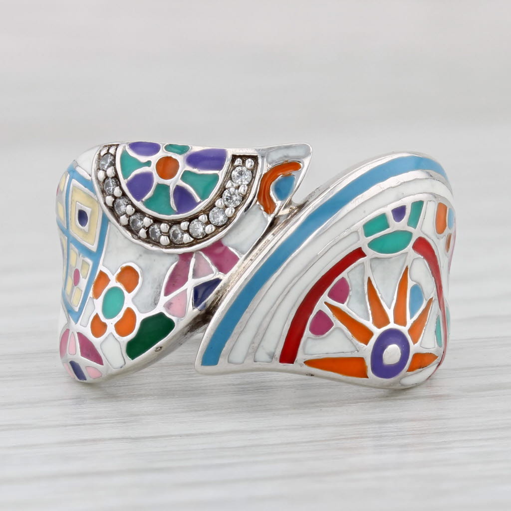 Light Gray Belle Etoile Resin Mosaic Cubic Zirconia Ring Sterling Silver Bypass Statement