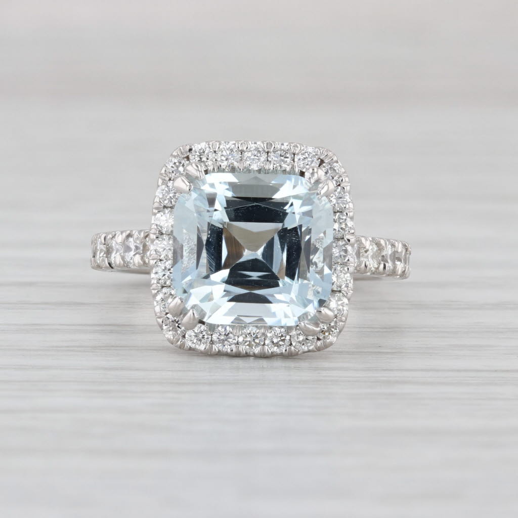 4.59ctw Aquamarine Diamond Halo Ring 14k White Gold Size 5.25 Engagement