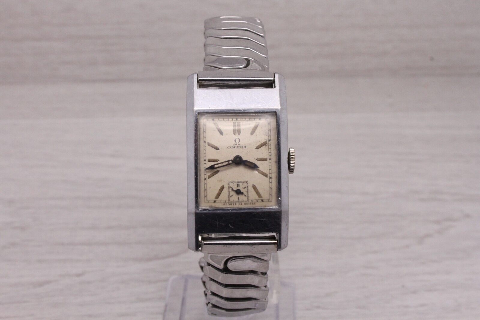 Dark Gray VINTAGE c.1930 Omega Steel Tank Watch cal.20F ORIGINAL Dial Fab Importe Suisse