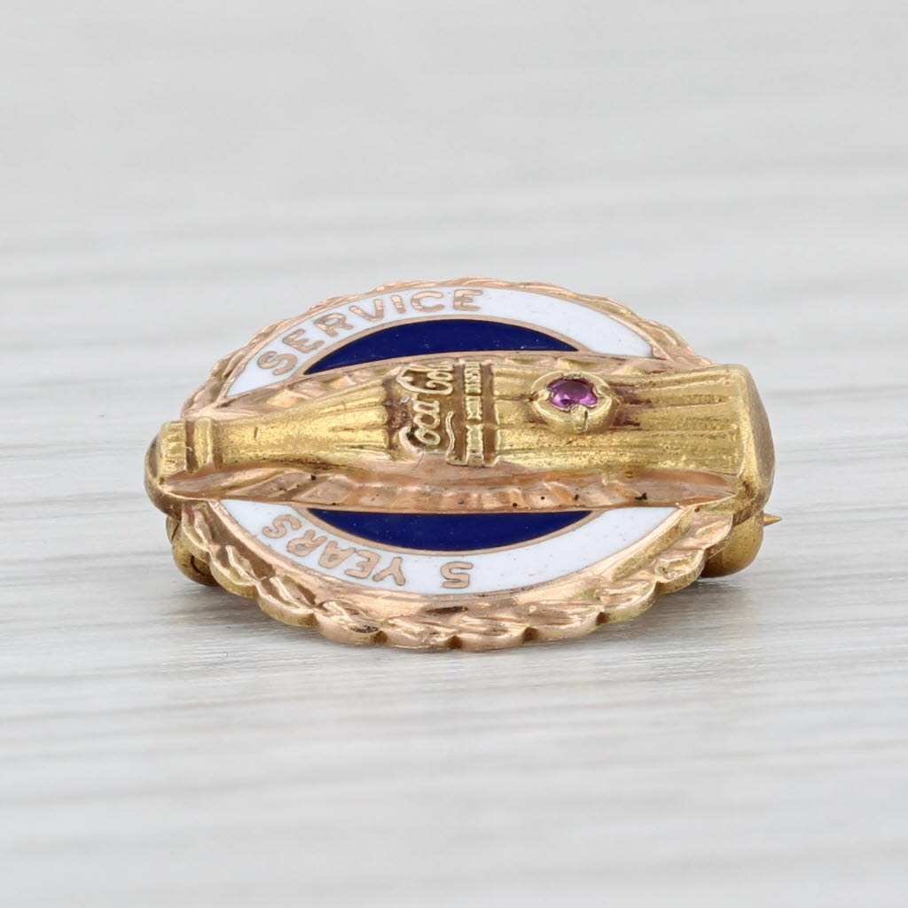 Light Gray Coca-Cola 5 Years Service Award Pin Lab Created Ruby 10k Yellow Gold Coke Bottle