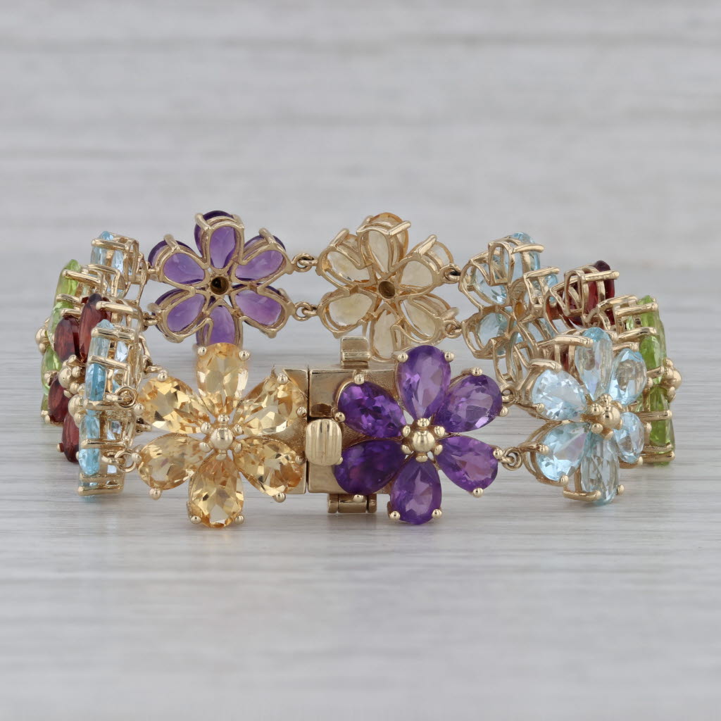 Gray 28.20ctw Gemstone Flower Bracelet 10k Gold 7" Garnet Amethyst peridot Aquamarine