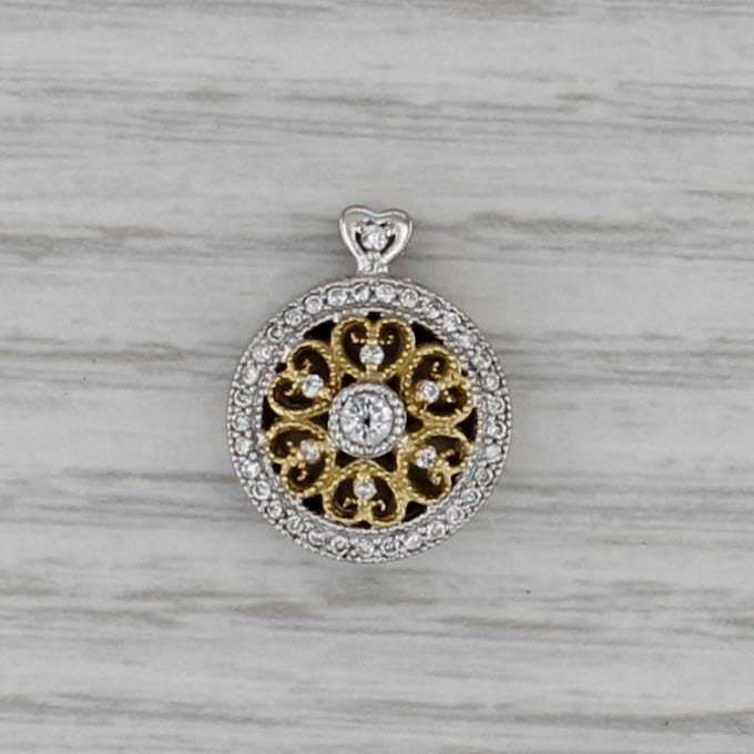 0.27ct Diamond Hearts Pendant 18k Yellow White Gold Ornate filigree Drop