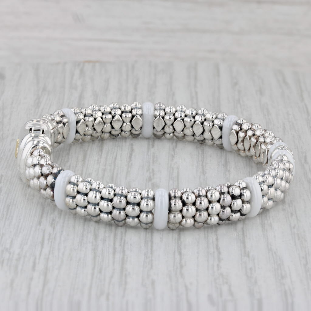 Gray Lagos Caviar Diamond Ceramic Single Station Bracelet Sterling Silver 18k Gold