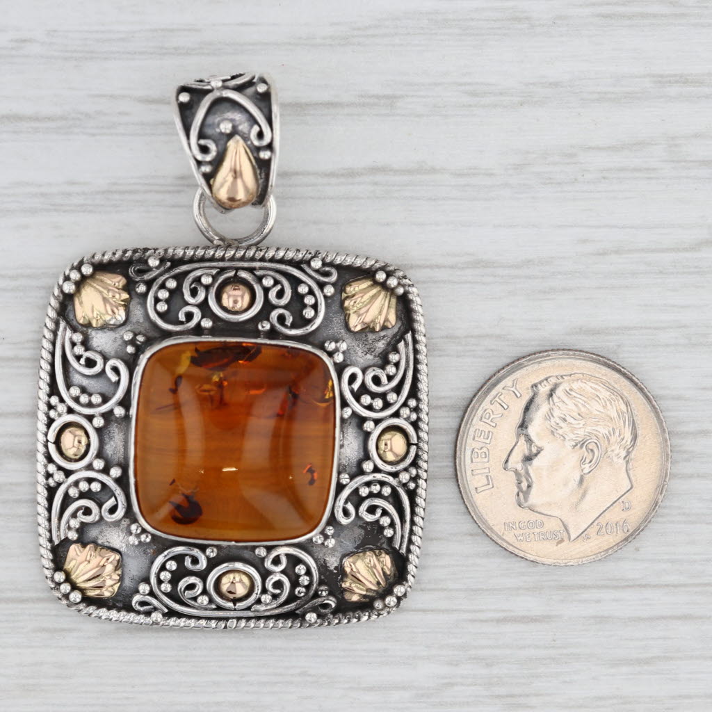 Light Gray Ornate Amber Statement Pendant Sterling Silver 18k Gold Cabochon Solitaire