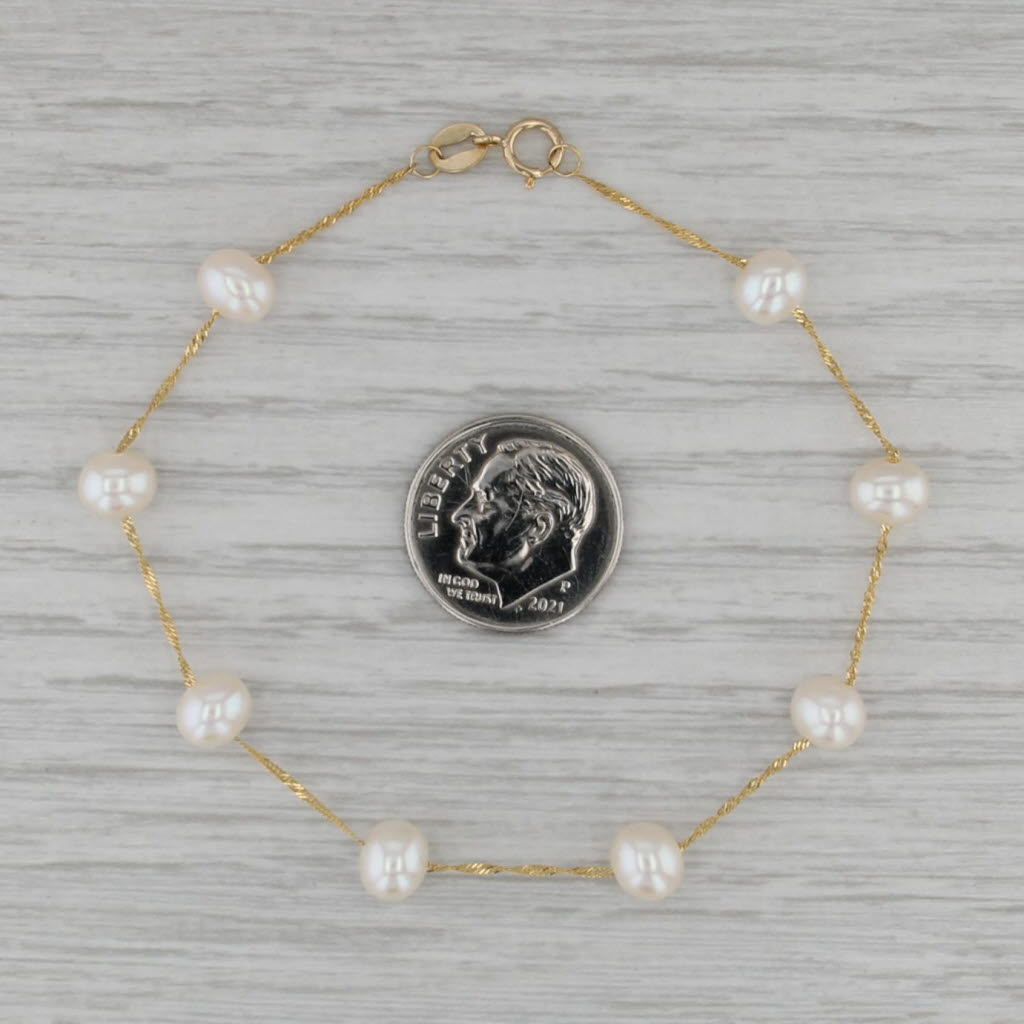 Cultured Pearl Station Bracelet 14k Yellow Gold 6.75" Singapore Chain
