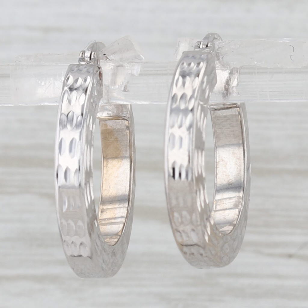 Light Gray Etched Pattern Hoop Earrings 14k White Gold 20.4 x 3.1mm Round Hoops