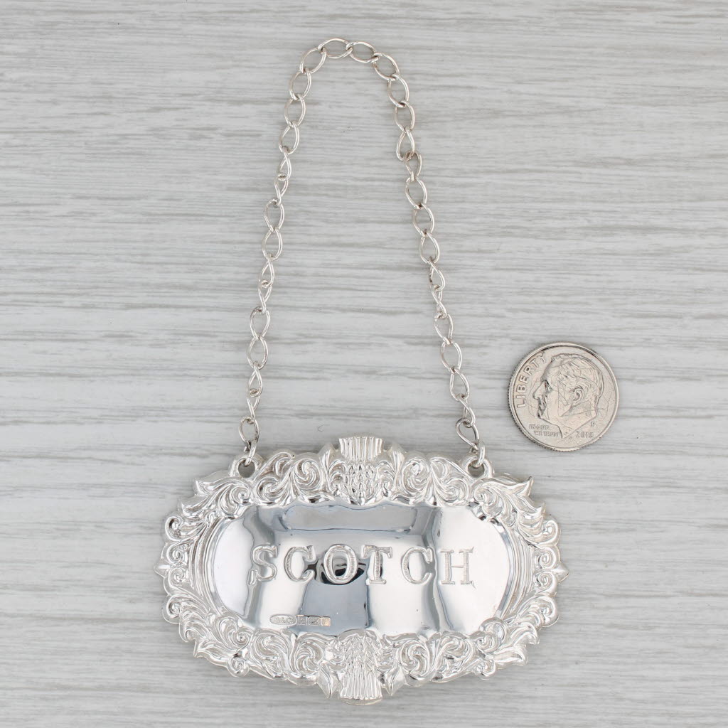 Gray Vintage Scotch Decanter Bottle Tag Charm British Sterling Silver Barware Ornate