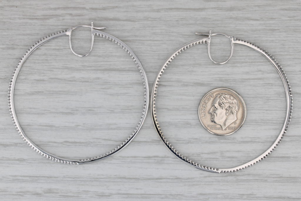 Gray 0.50ctw Large Diamond Hoop Earrings 10k White Gold Round Hoops 50.5 x 1.4mm