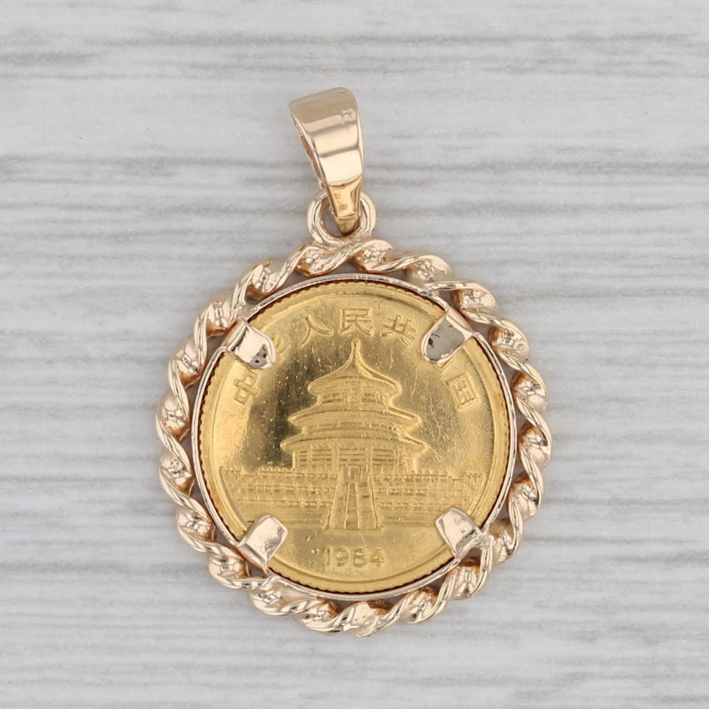 Gray 19844 Chinese Panda Coin Pendant 14k Gold Bezel 999 Coin 1/20oz