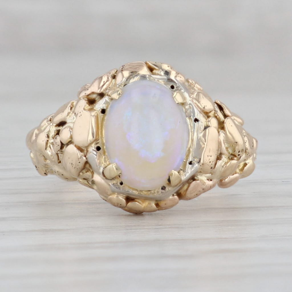 Gray Vintage Opal Gold Nugget Ring 14k Yellow Gold Size 4.75 Oval Cabochon Solitaire