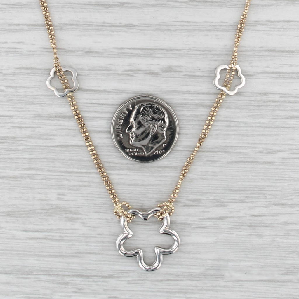2-Toned Flower Station Bead Chain Necklace 14k Yellow White Gold 16" Floral