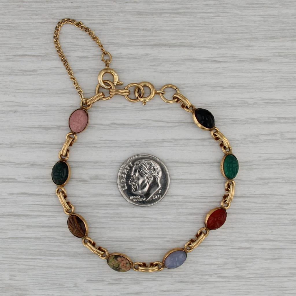 Vintage Carved Scarab Stone Bracelet Gold Filled Tigers Eye Chalcedony Carnelian