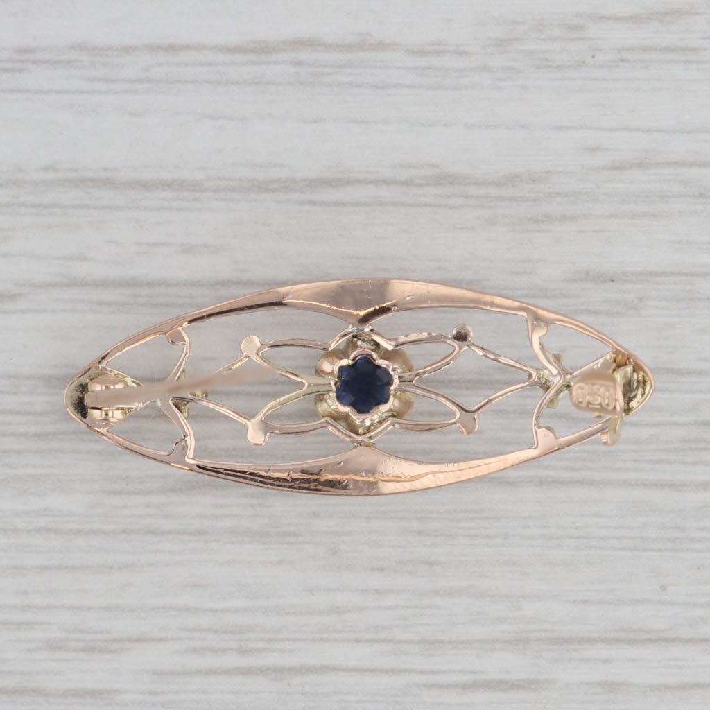 Gray Vintage Blue Glass Imitation Sapphire Pearl Filigree Brooch 10k Gold Floral Pin