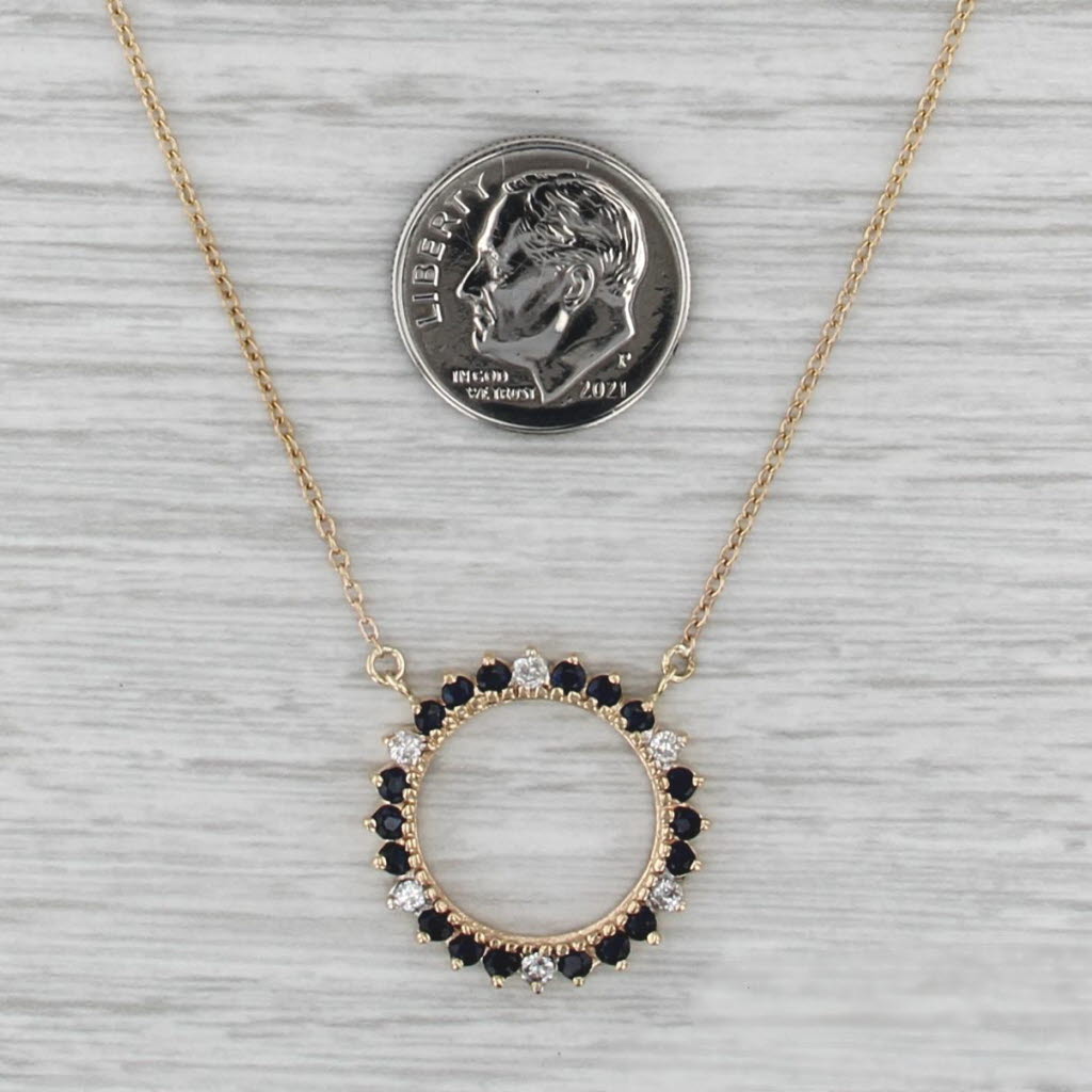 0.46ctw Blue Sapphire Diamond Circle Pendant Necklace 14k Yellow Gold 16.25"