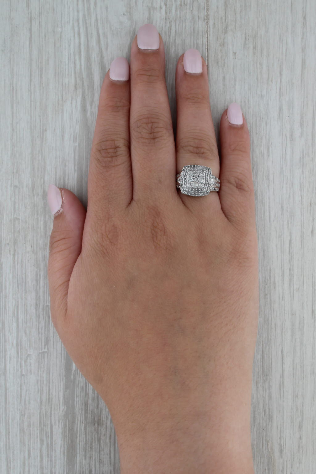0.82ctw Diamond Cluster Halo Engagement Ring Sterling Silver Size 6.75