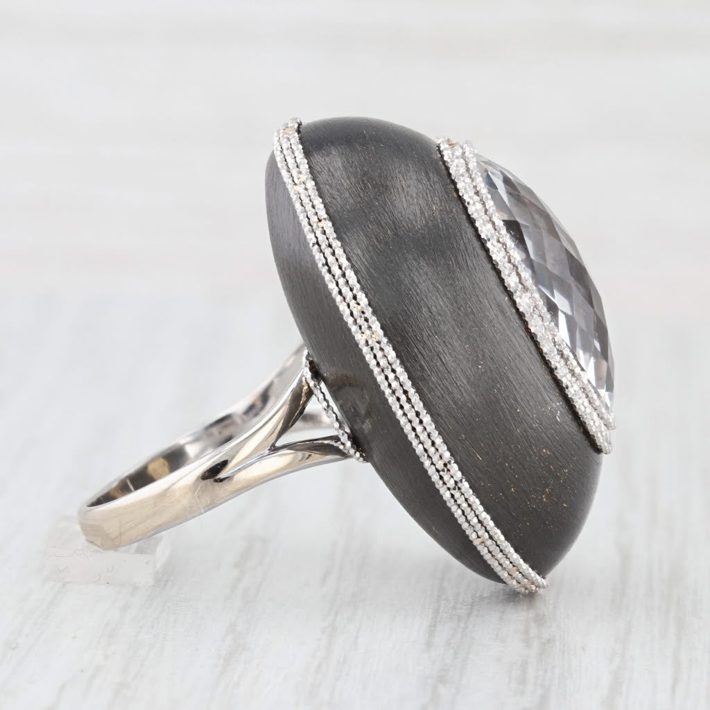 Rock Crystal Quartz Statement Ring 18k White Gold Black Rhodium Accents Italian