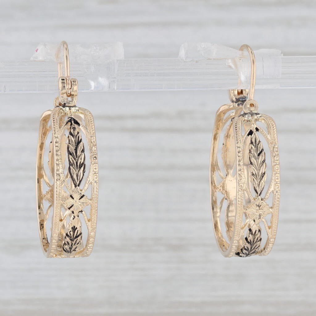 Light Gray Vintage Filigree Wheat Etched Hoop Earrings 14k Yellow Gold Snap Top Round Hoops