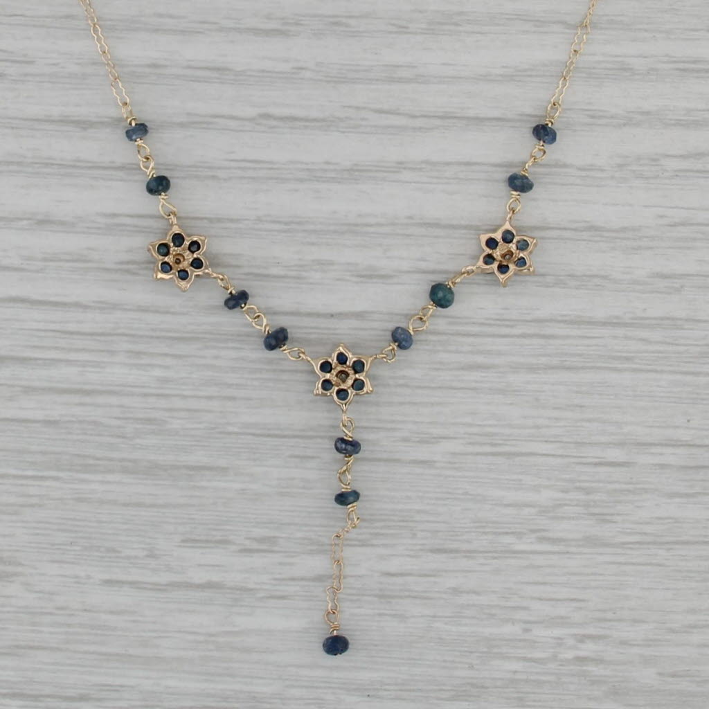 0.70ctw Blue Sapphire Flower Lariat Necklace 14k Gold 17.25" Crinkle Chain