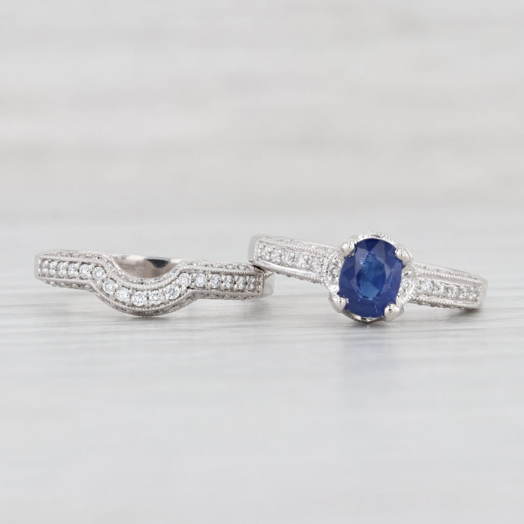 Light Gray 1.46ctw Blue Sapphire Diamond Engagement Ring Wedding Band Set 14k Gold Sz 6 GIA