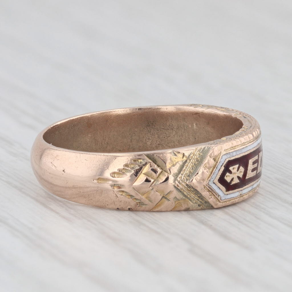 Light Gray Antique Name Cigar Band Style Ring 10k Yellow Gold Enamel Size 8.75 Edward