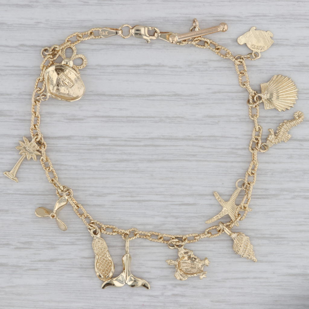 Gray Nautical Themed Charm Bracelet 10k 14k Yellow Gold 7.5" Shell Turtle Seahorse