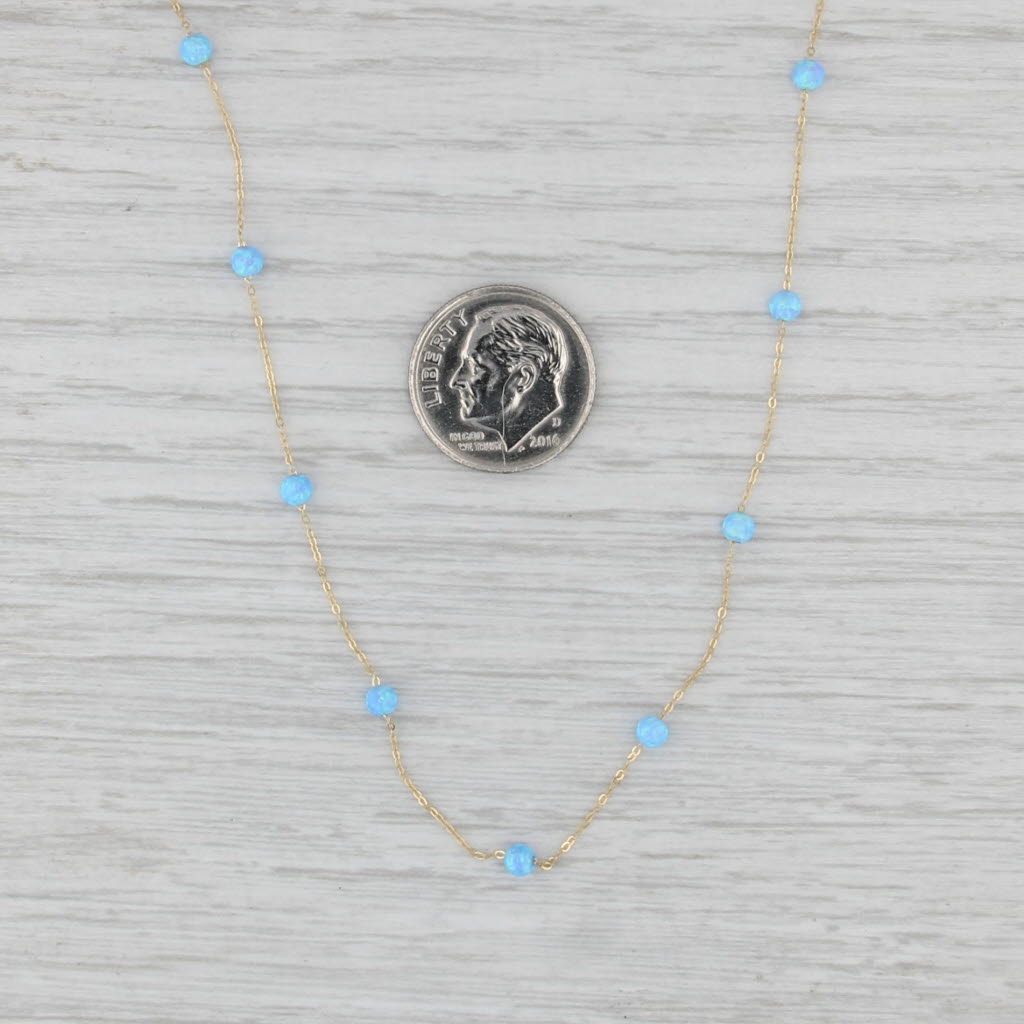 New Lab Created Blue Opal Station Necklace 14k Yellow Gold 14" 16" Cable Chain