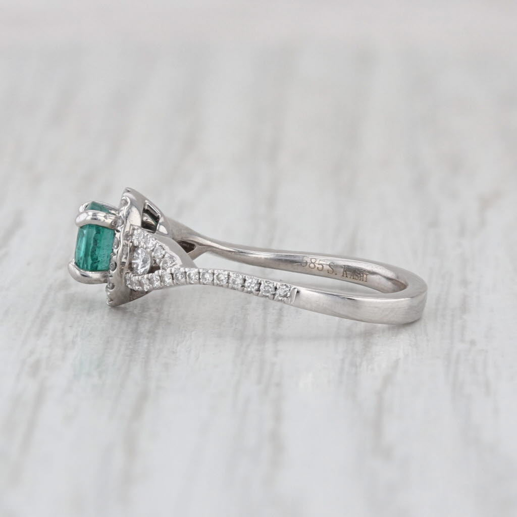 0.63ctw S Kashi Emerald Diamond Halo Ring 14k White Gold Size 3.5 Engagement