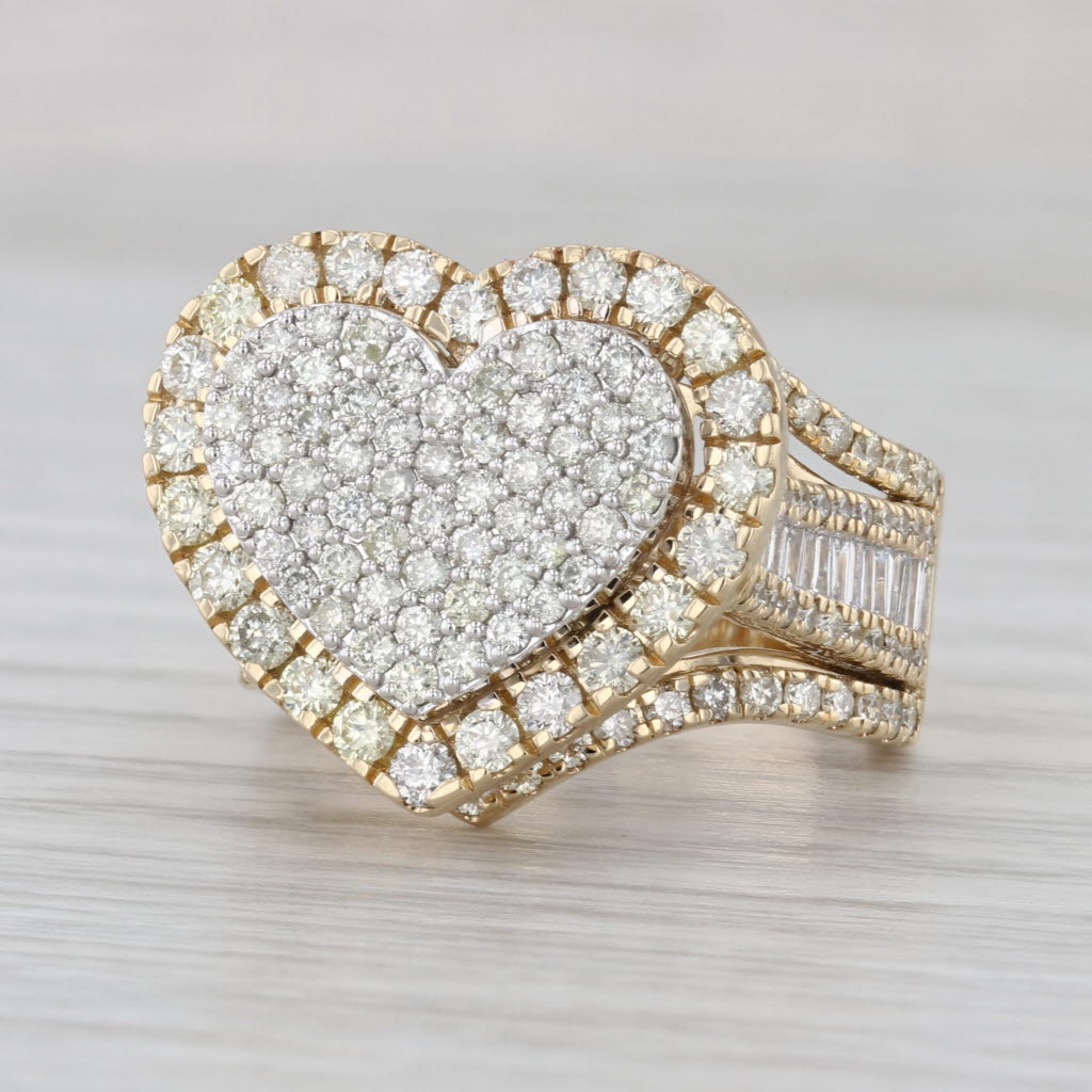 3ctw Pave Diamond Heart Halo Cocktail Ring 10k Yellow Gold Size 8