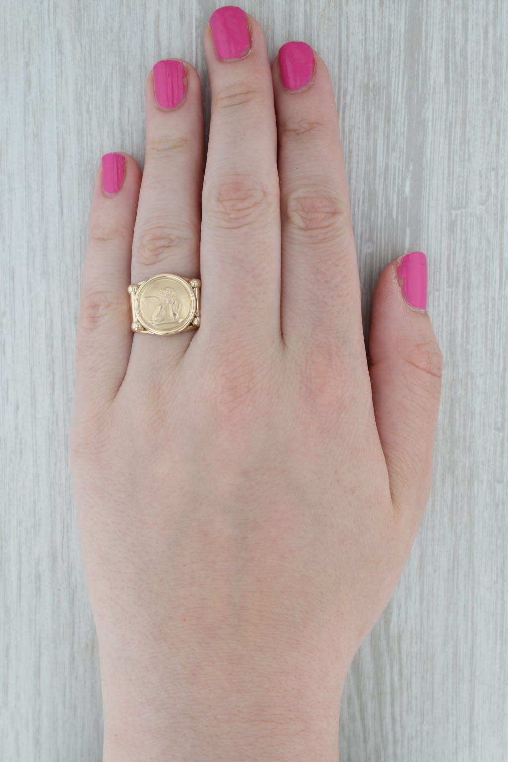 Dark Gray Cherub Guardian Angel Coin Signet Ring 10k Yellow Gold Size 7.5 Adjustable Band
