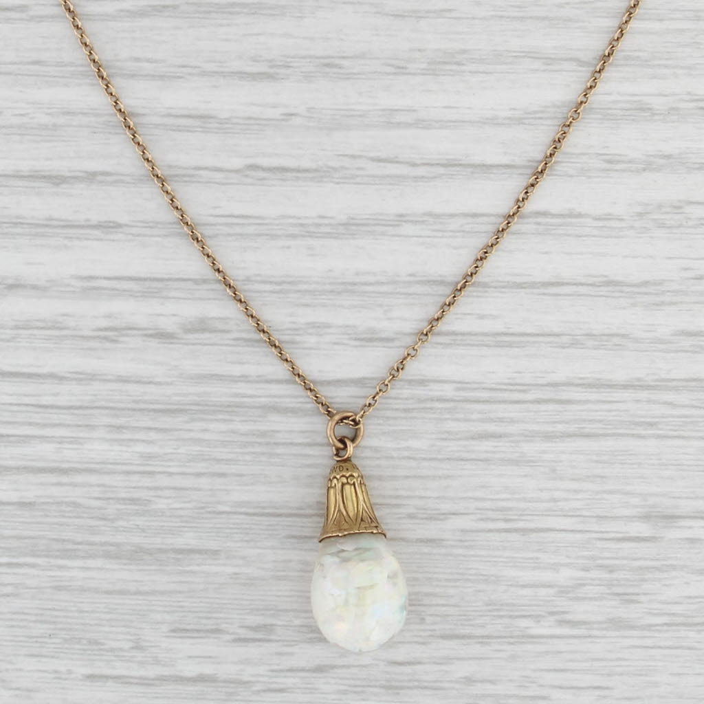 Vintage Floating Opals Drop Pendant Necklace 14k Yellow Gold 16" Cable Chain