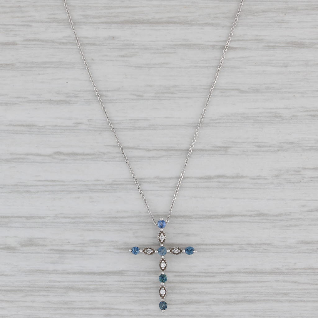Gray New 0.17ctw Blue Sapphire Diamond Cross Pendant Necklace 14k White Gold 18"