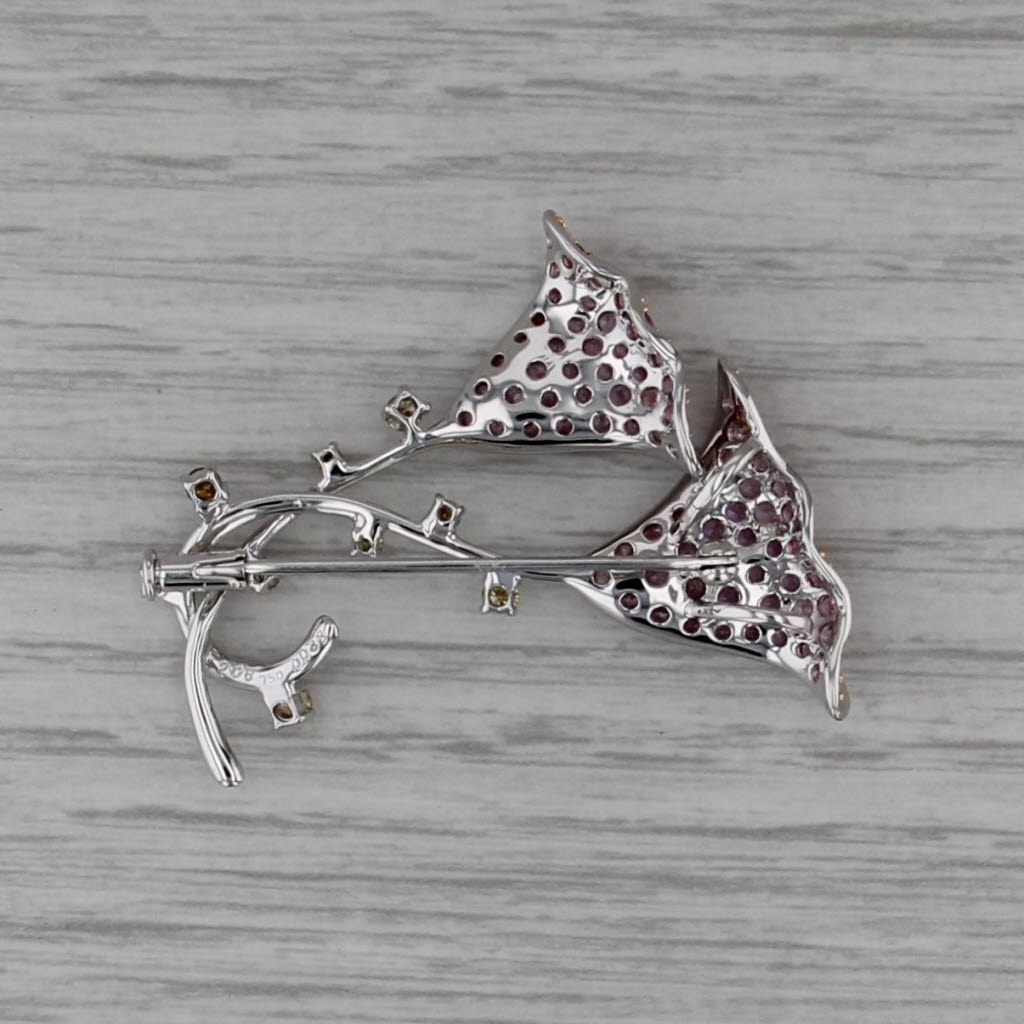 2.44ctw Pink Sapphire Yellow Diamond Lily Brooch Pendant 18k White Gold Pin