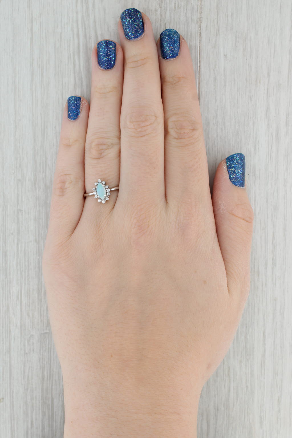 Gray Marquise Cabochon Opal Diamond Halo Ring 10k White Gold Size 8.25