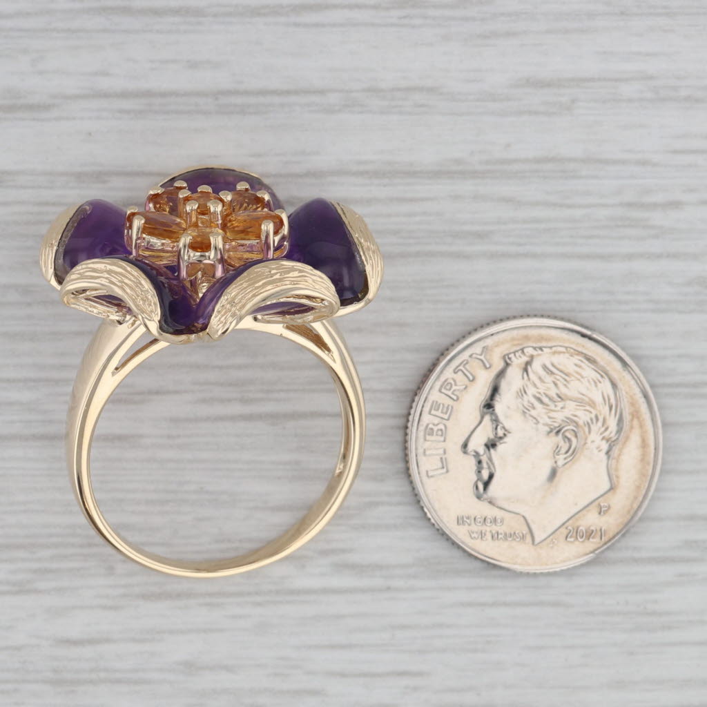 Gray Amethyst Citrine Flower Statement Cocktail 14K Yellow Gold Ring Size 8.25