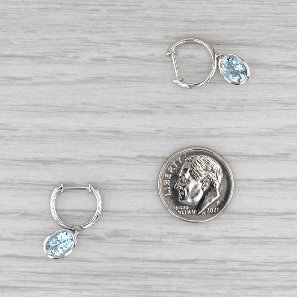 1.72ctw Aquamarine Drop Sapphire Hoop Earrings 14k White Gold Snap Top Hoops