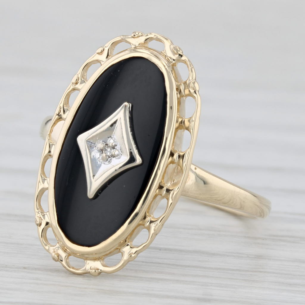 Light Gray Vintage Onyx Diamond Signet Ring 10k Yellow White Gold Size 7.25