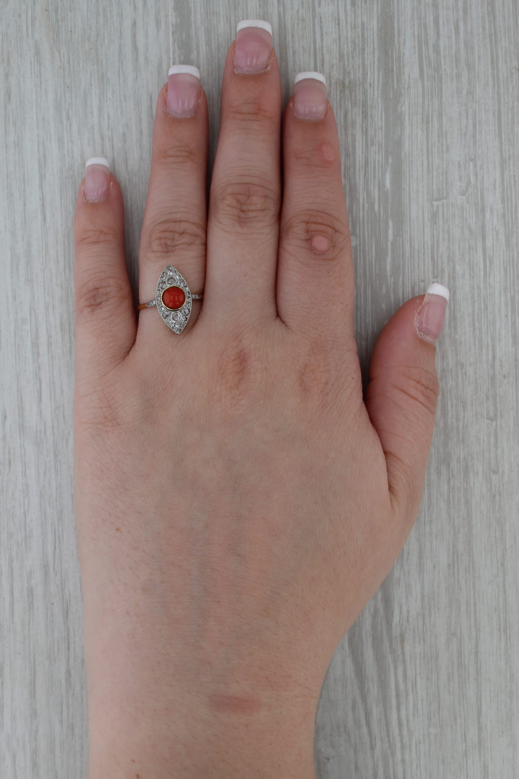 Antique Red Coral Diamond Ring 18k Yellow Gold Platinum Size 8.75
