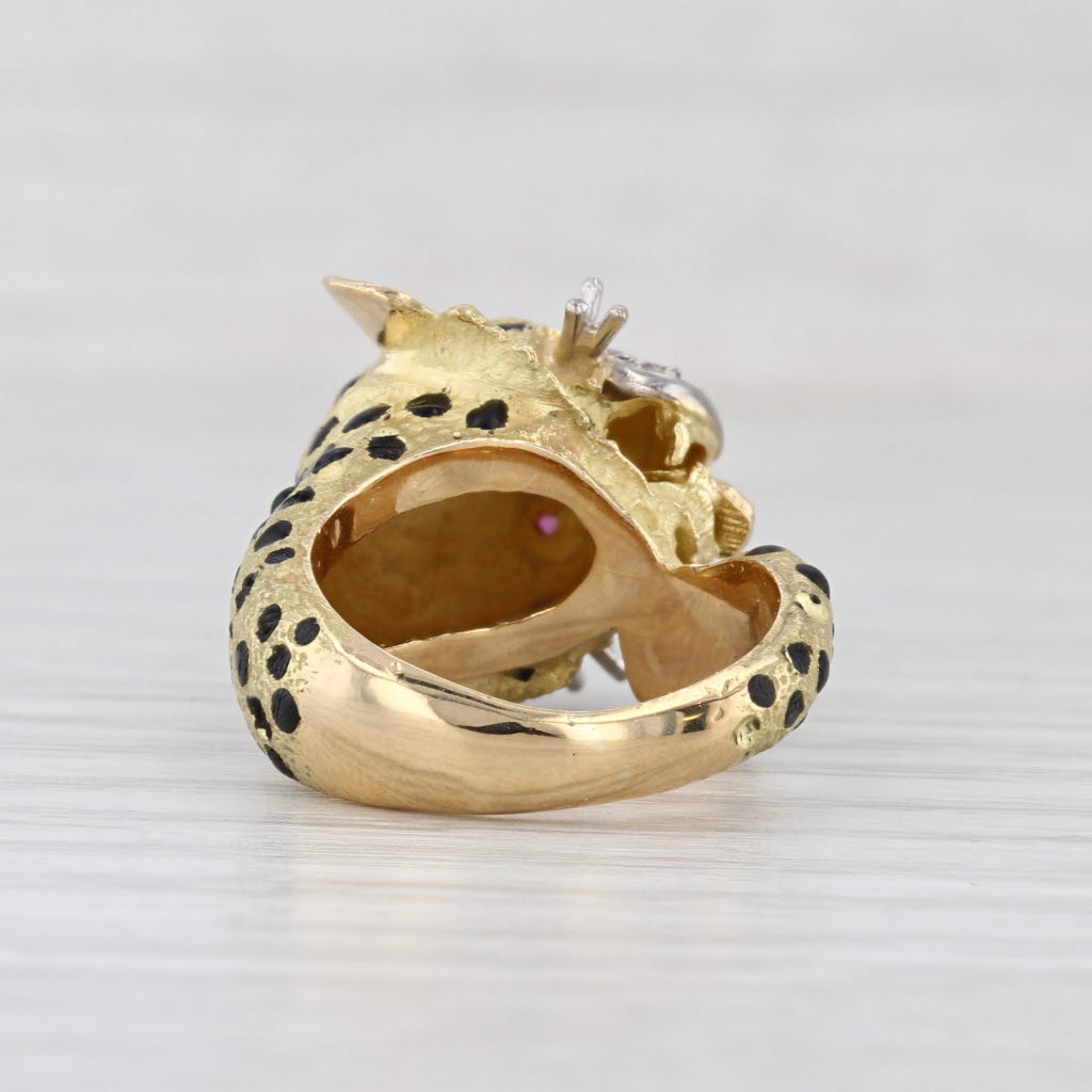 Leopard Ring Diamond Lab Created Ruby 18k Yellow Gold Enamel Statement