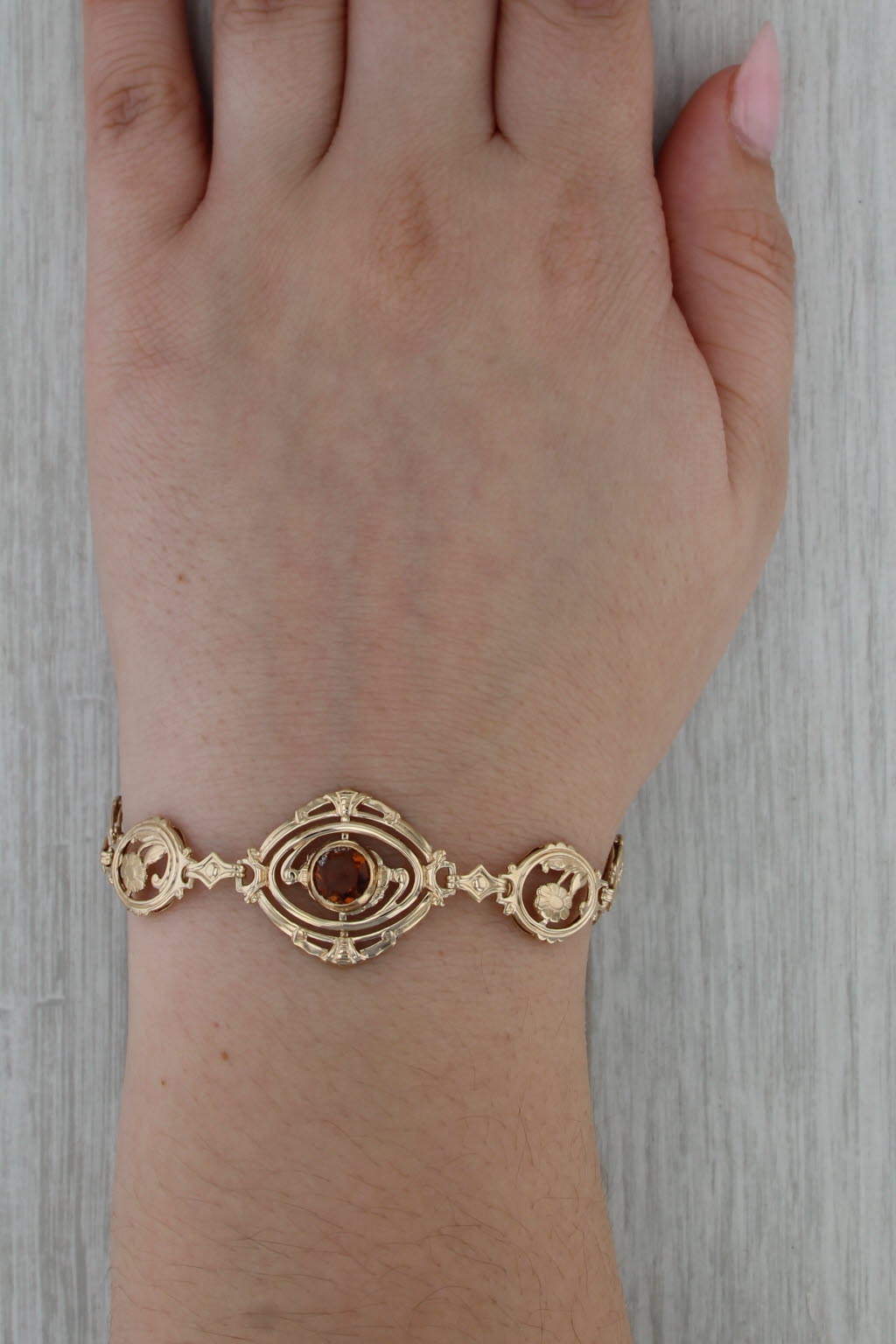 1ct Citrine Vintage Floral Bracelet 14k Yellow Gold 6.75" Oval Flower Links