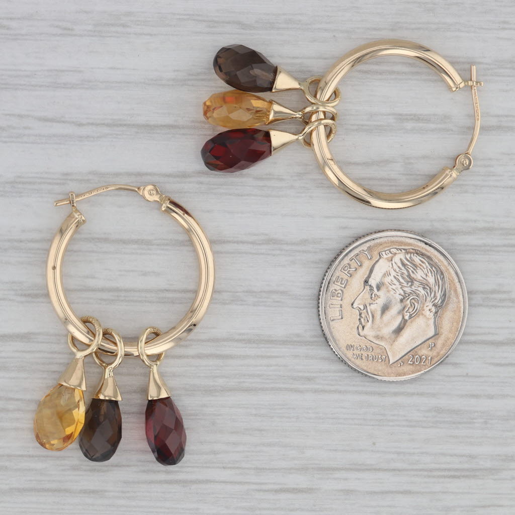 Gray 7.70ctw Citrine Quartz Garnet Briolette Dangle Hoop Earrings 14k Yellow Gold