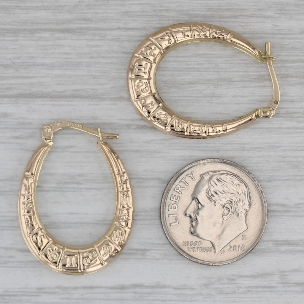 Gray Zodiac Signs Hoop Earrings 14k Yellow Gold Snap Top Oval Hoops