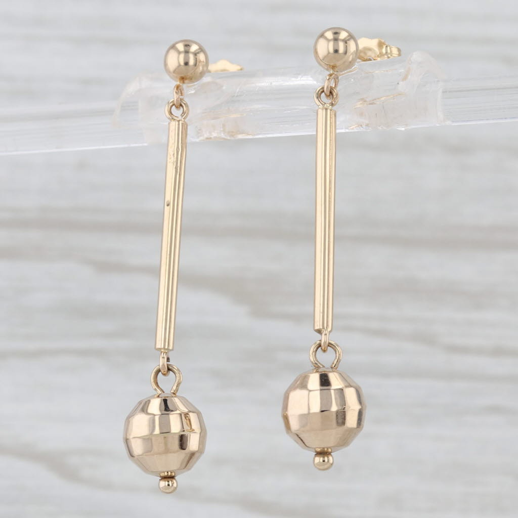 Disco Ball Bead Dangle Earrings 14k Yellow Gold Bar Drops