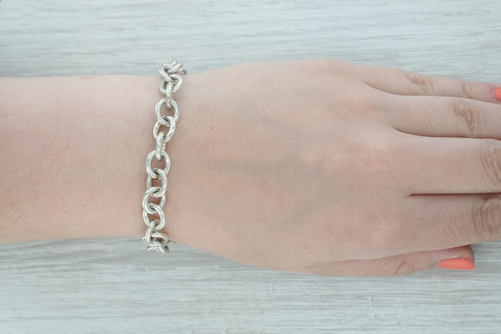 Gray Tiffany & Co Engravable Heart ID Tag Charm Bracelet Sterling Silver 7"